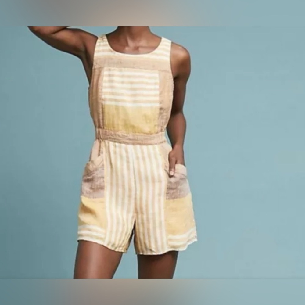 Anthropologie ettitwa linen Sleeveless romper neutral tan gold cream pockets 14